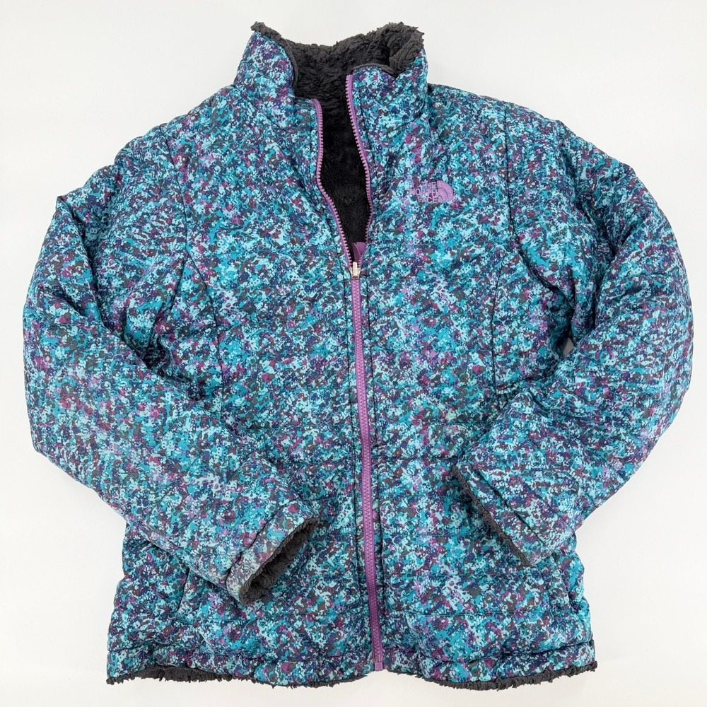 THE NORTH FACE Girls Reversible Mossbud Swirl Puffer Jacket Blue Purple XL 18